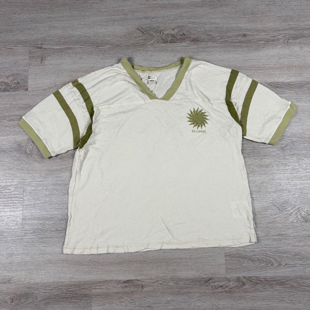 Billabong T-Shirt Womens Medium Cream Green V-Neck Sun Graphic Ringer Tee